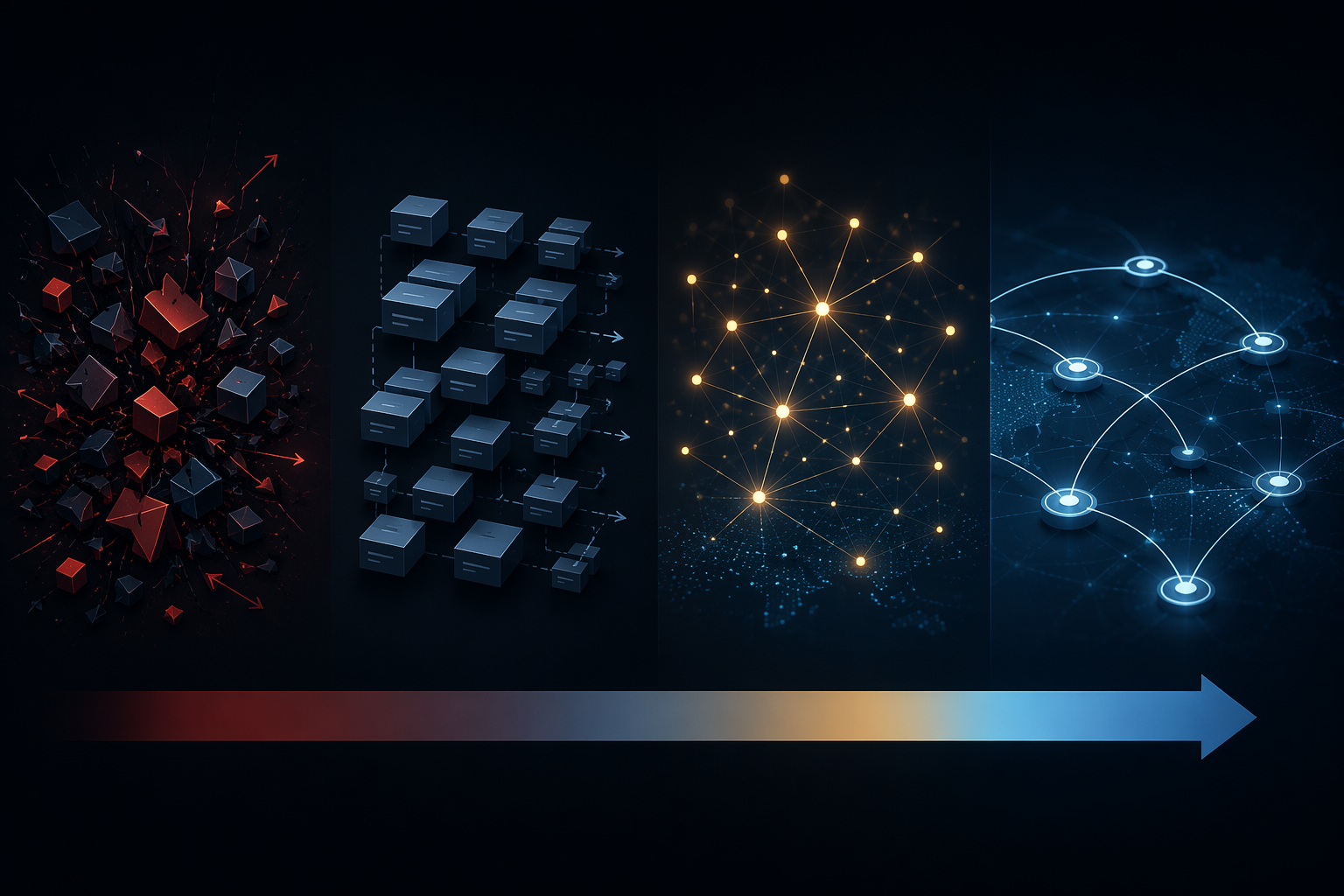 Abstract progression from reactive liquidation to rule-based redistribution, AI-enabled optimization, and autonomous planning