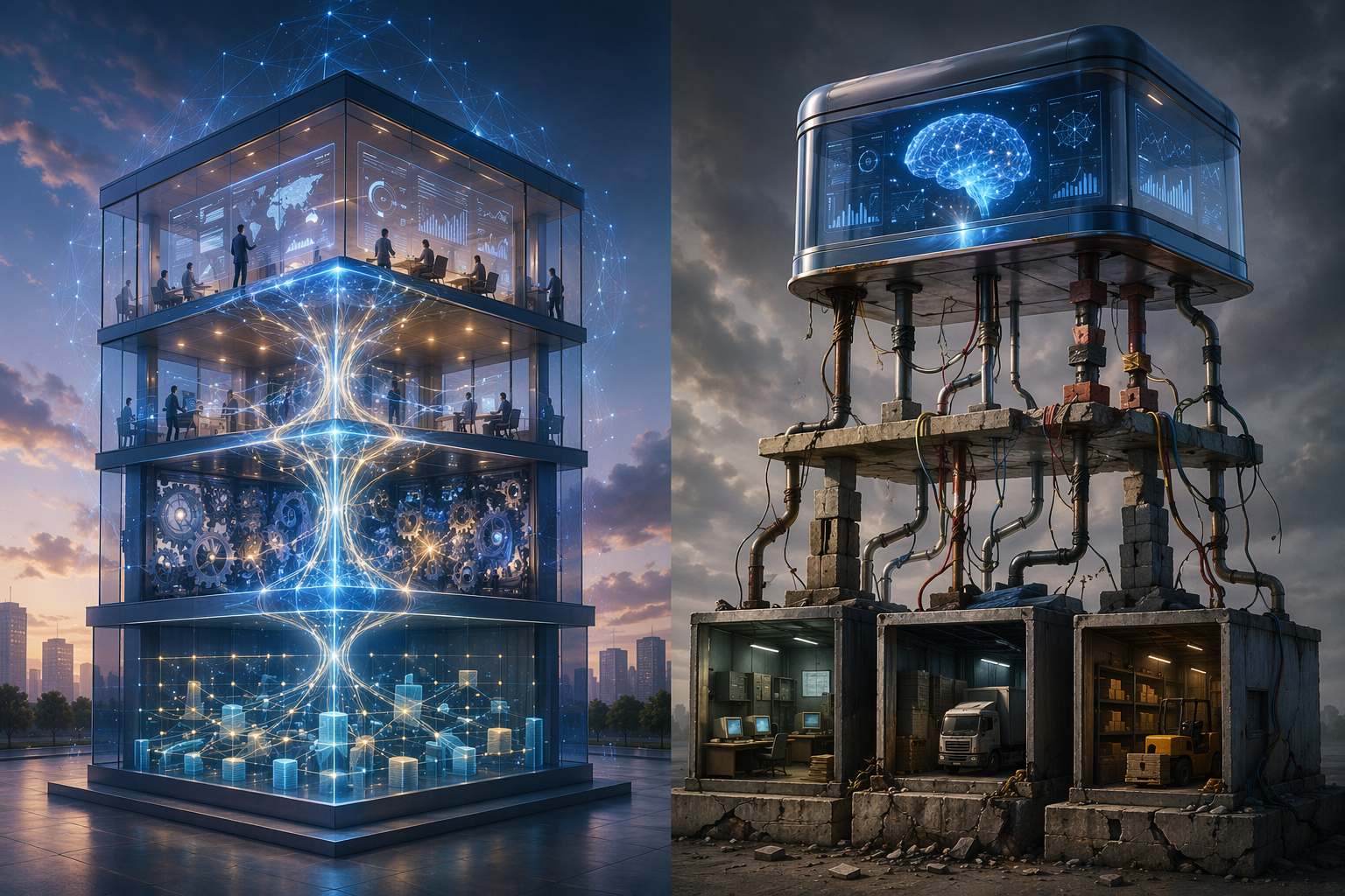 Side-by-side comparison of a unified AI-native supply chain platform and a fragmented legacy platform with AI features attached