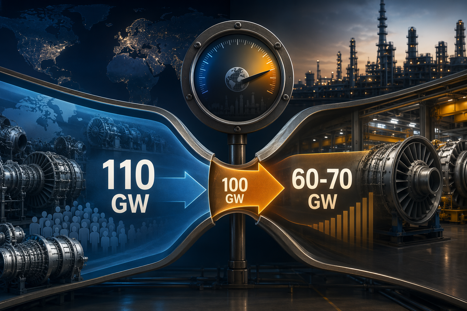 Infographic showing 110 GW demand, 60-70 GW manufacturing capacity, and a 100 GW GE Vernova backlog bottleneck