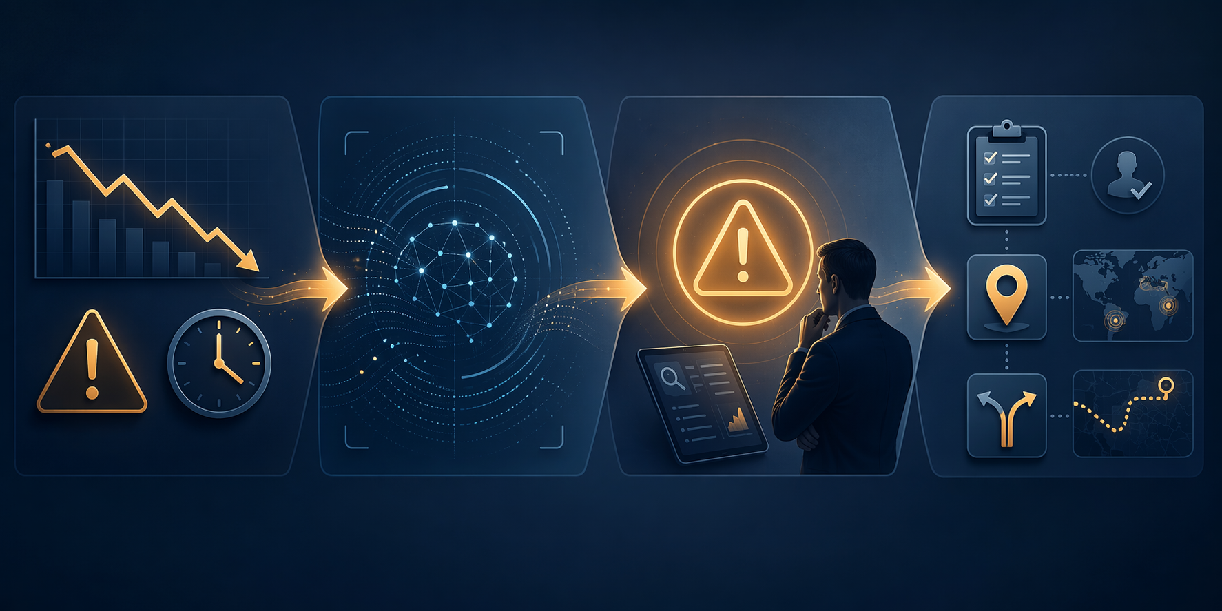 Four-stage workflow from financial signals to AI monitoring, alert interpretation, and procurement response