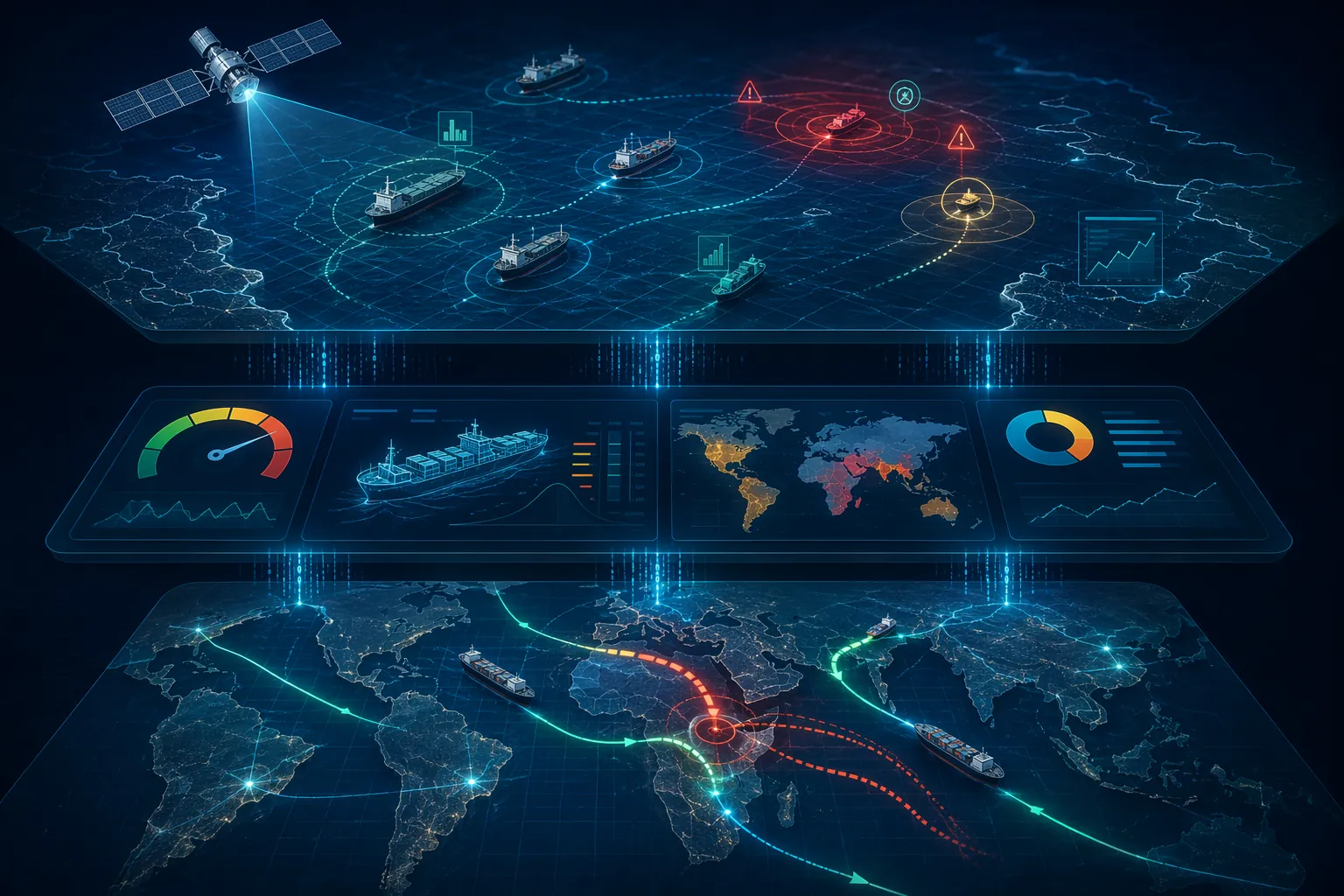 Conceptual illustration of maritime AI layers connecting threat detection, insurance underwriting, and supply chain rerouting