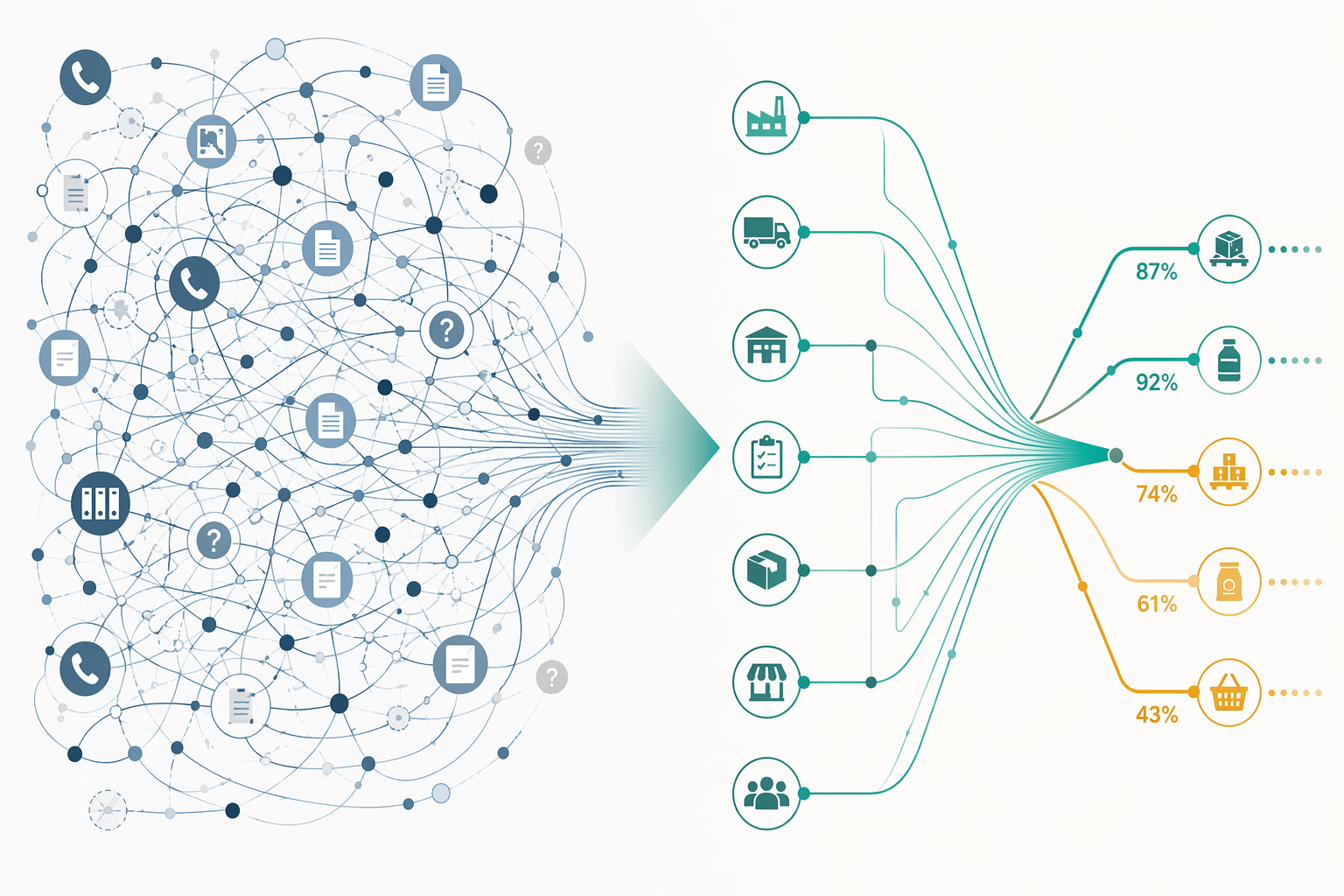 Manual traceback lines converging into prioritized AI-ranked supply chain leads