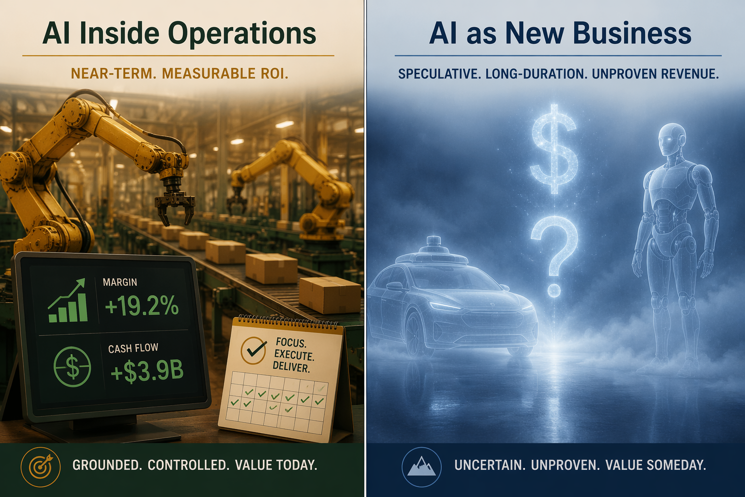 Two-panel framework comparing AI inside operations with AI as a new business
