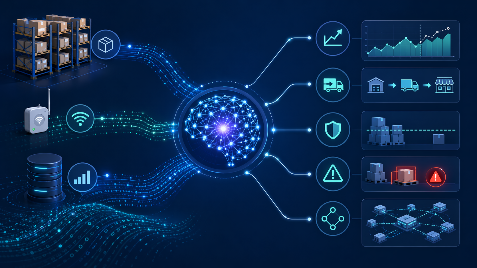 AI inventory management data flow from warehouse signals to forecasting replenishment and stockout prevention