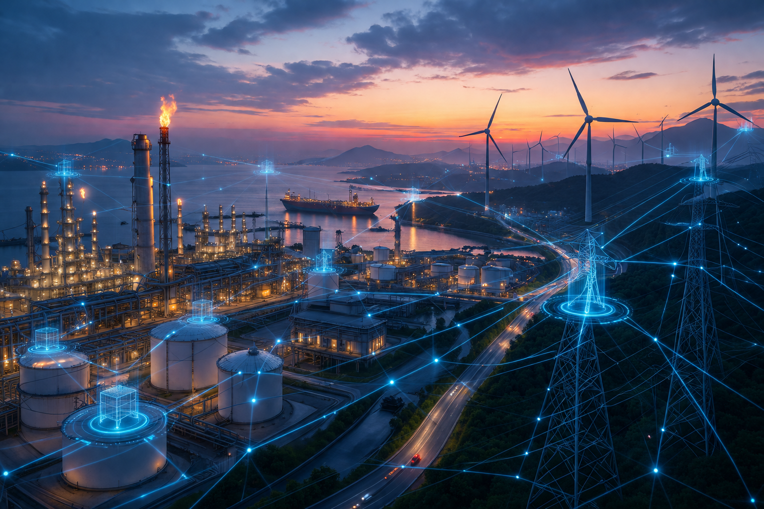 Energy infrastructure with digital network overlays suggesting AI-monitored supply chain assets at operational scale
