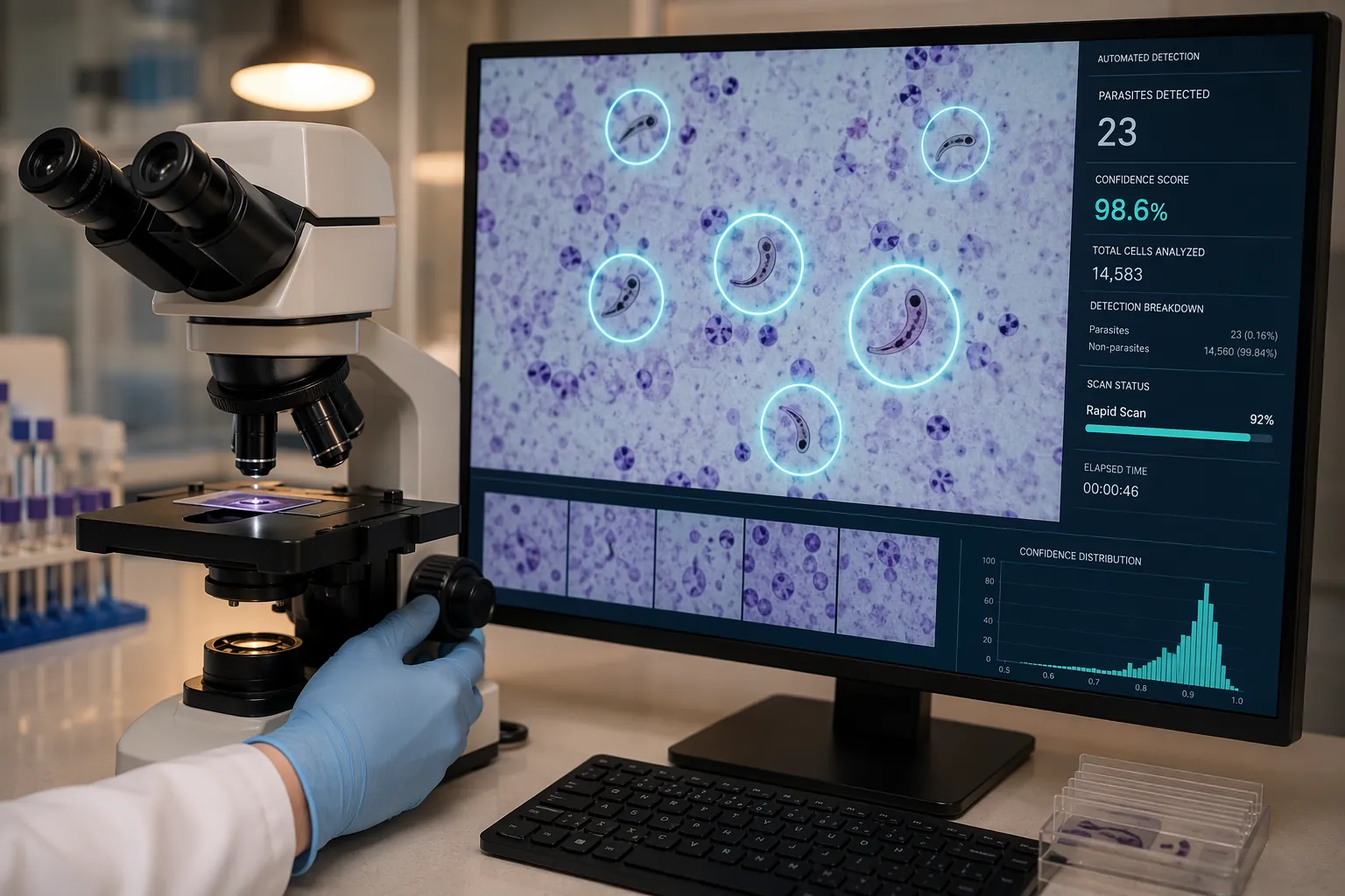 AI-assisted digital pathology workstation highlighting parasite organisms on a microscope display