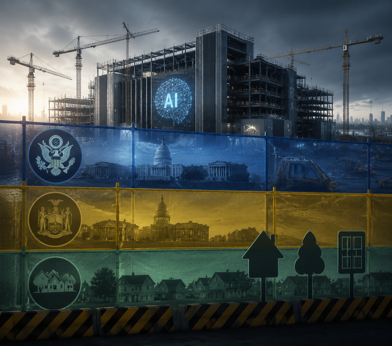 AI data center construction site layered with federal, state, and local regulatory barriers