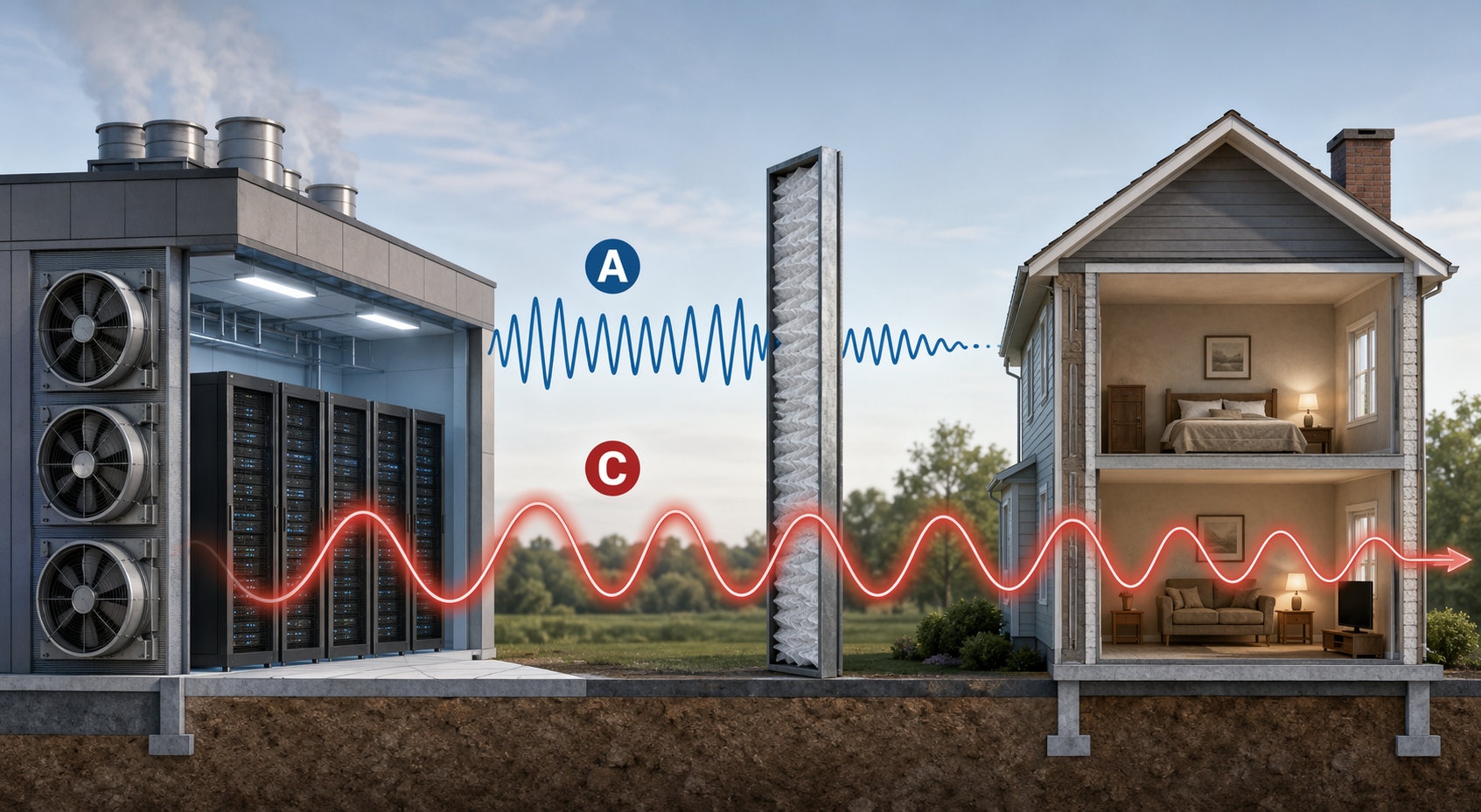 Cross-section illustration showing high-frequency sound blocked near a boundary while low-frequency waves pass between a data center and a home