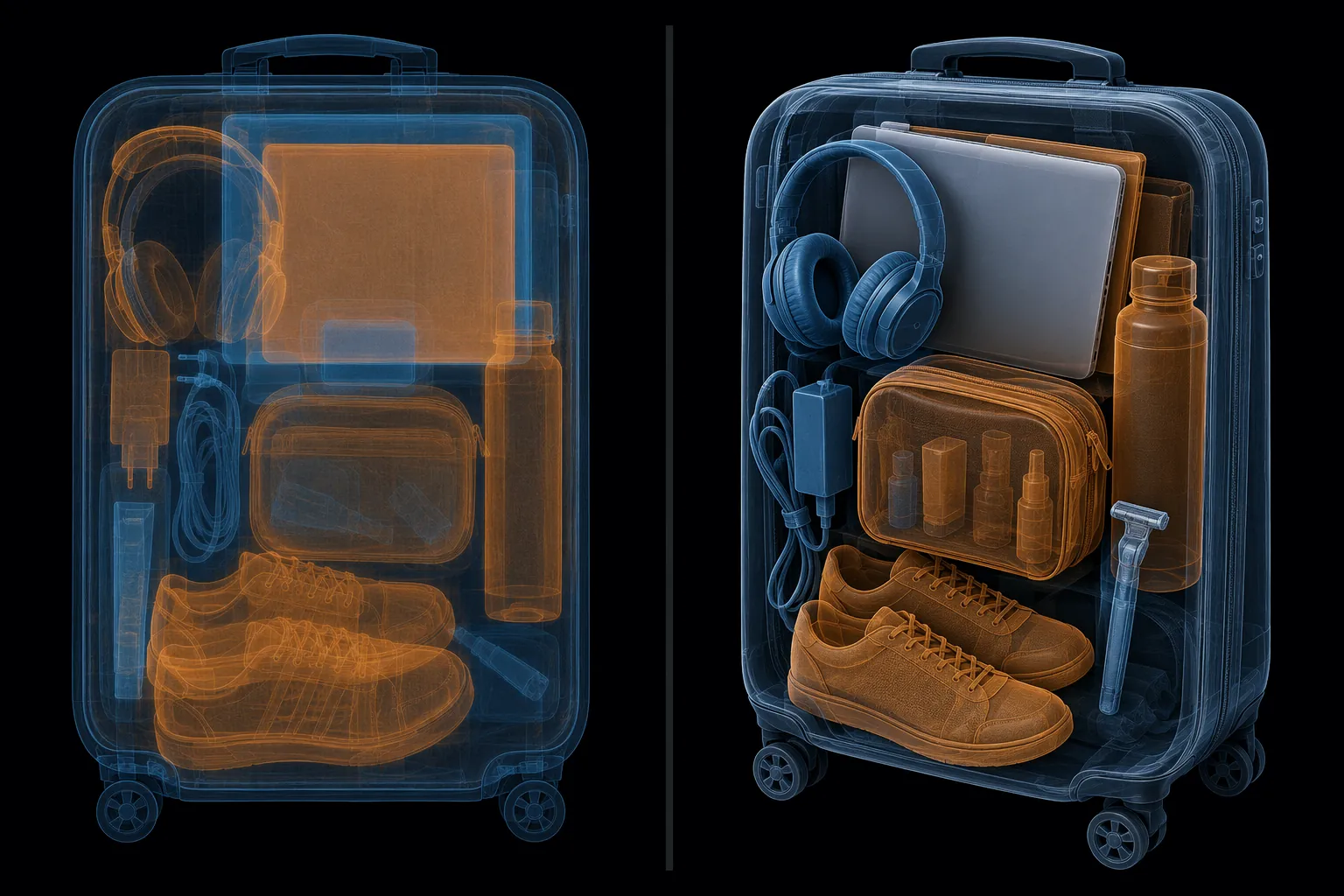 Illustration comparing a flat 2D X-ray scan with a depth-separated 3D CT scan of a carry-on bag