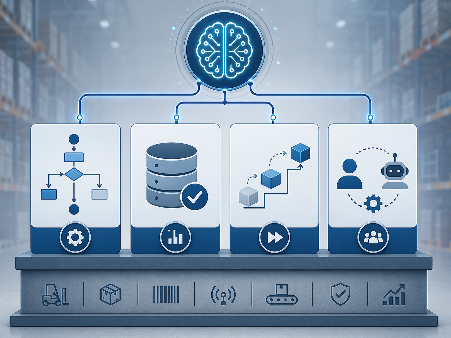 Four operational readiness blocks supporting an AI engine: process, clean data, phased expansion, and human-machine collaboration