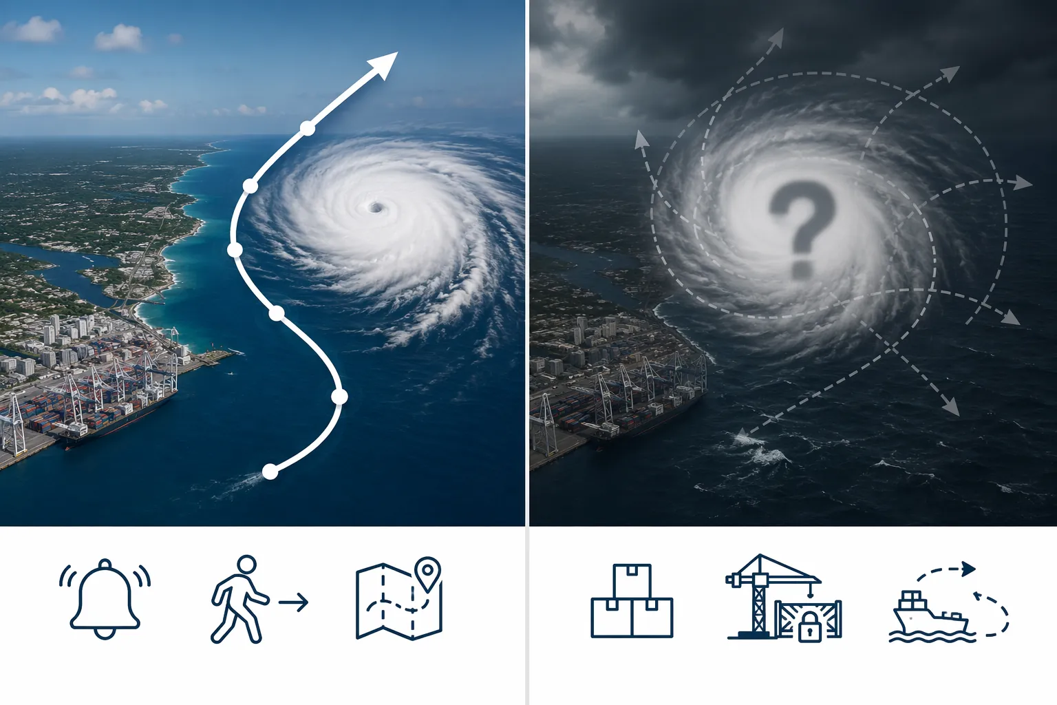 Split illustration contrasting reliable storm-track decisions with uncertain intensity-driven supply chain decisions