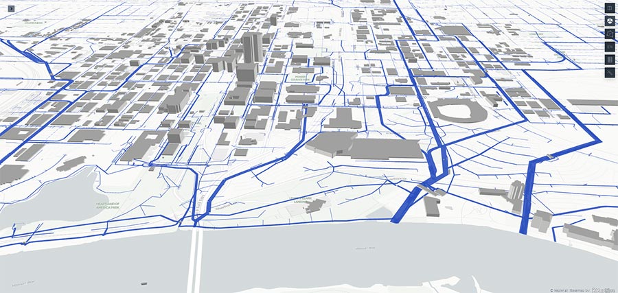 Digital twin interface visualization of South Bend sewer and water infrastructure with network lines and sensor locations