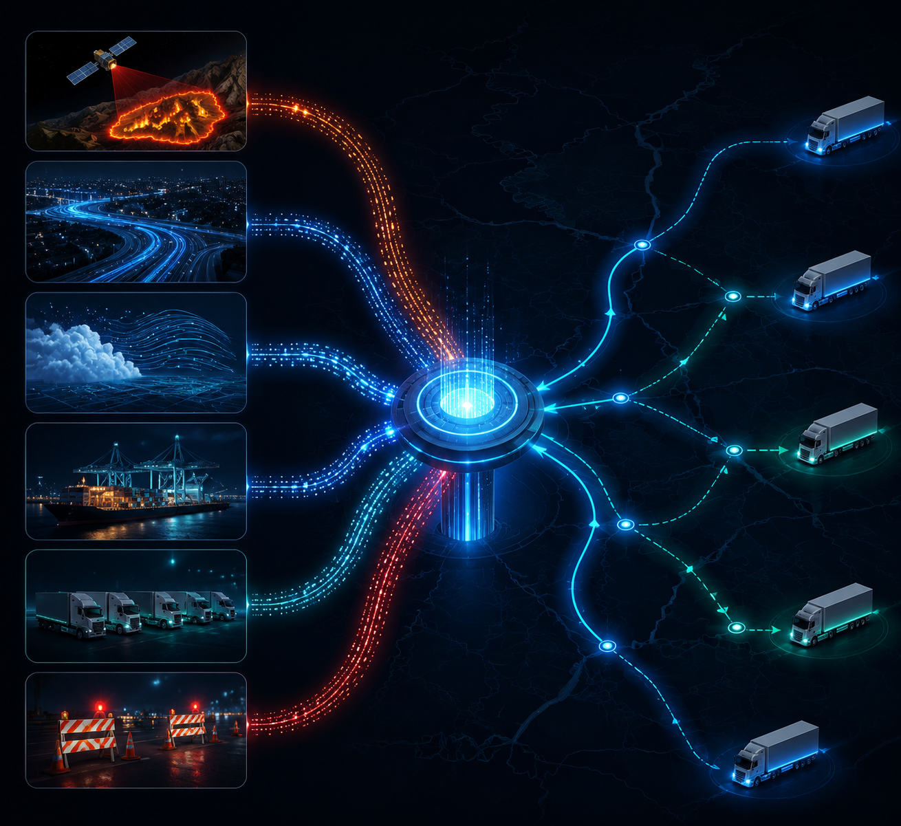 Abstract AI control tower hub integrating wildfire perimeter, traffic, weather, port status, carrier availability, and road closure data into rerouting paths