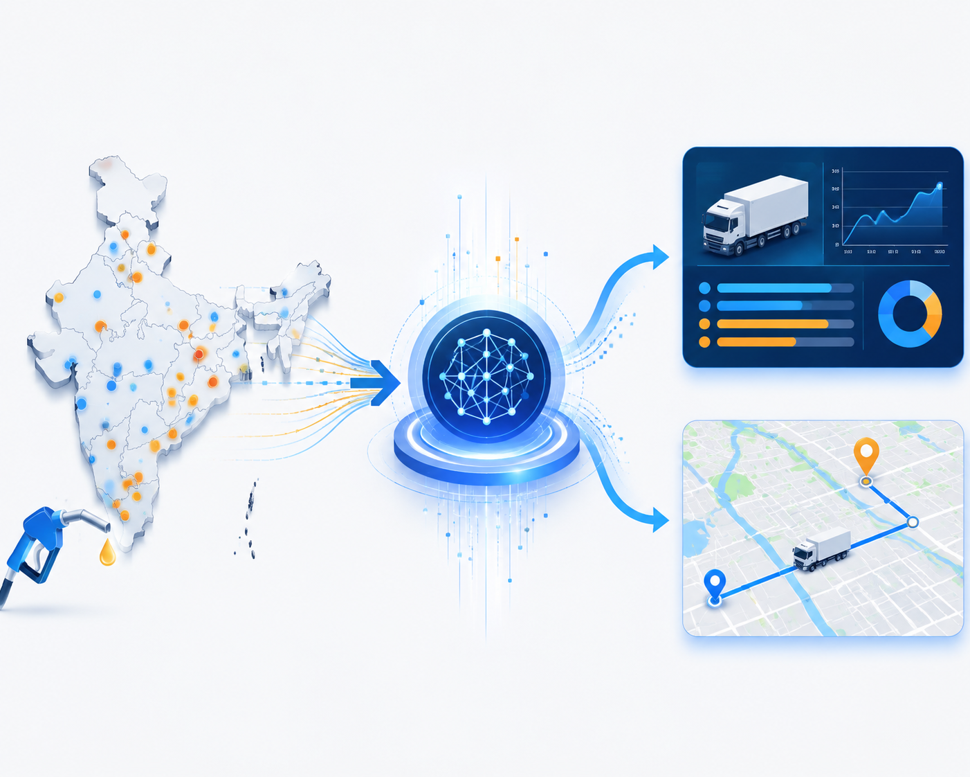 Regional diesel price markers feeding a machine learning model that outputs freight cost predictions and optimized truck routes
