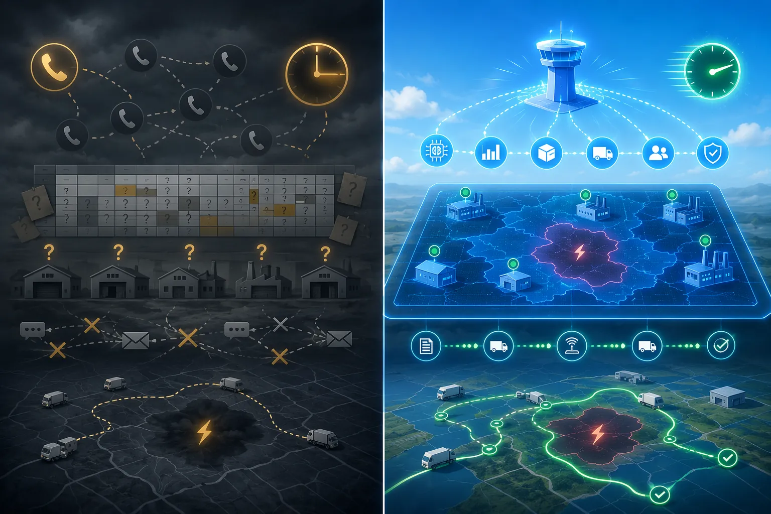 Comparison of manual outage recovery with disconnected spreadsheets and AI-orchestrated recovery with connected control tower signals