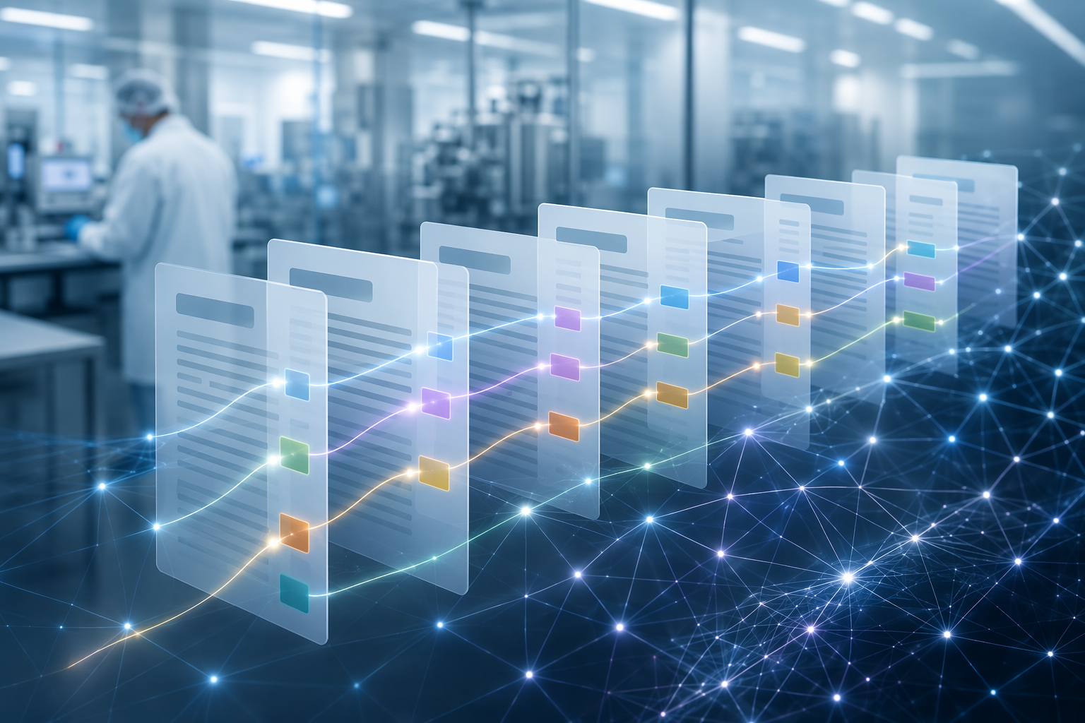 Deviation report documents from different batches connected by AI pattern detection lines in a cleanroom setting