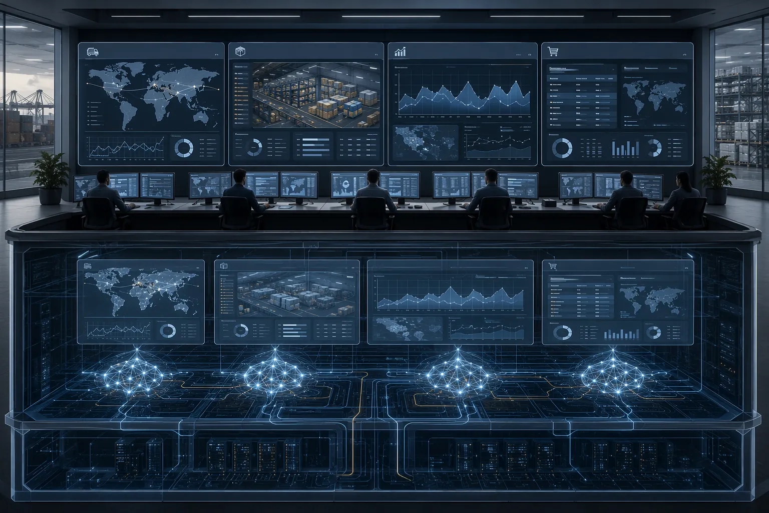 Cutaway view of transportation, warehouse, forecasting, and procurement systems with hidden AI model nodes embedded inside their interfaces