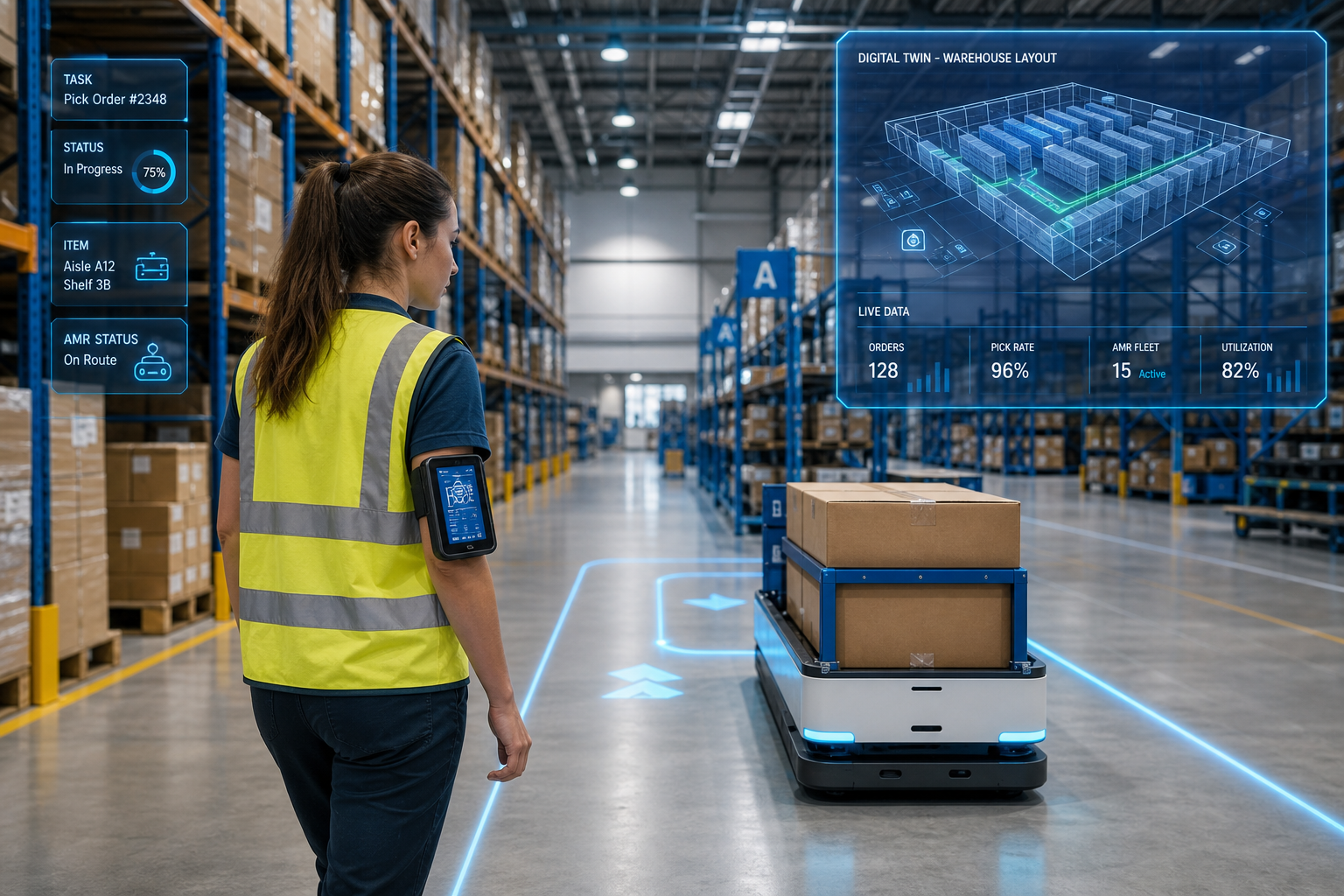 Wide-angle modern warehouse interior with an autonomous mobile robot navigating an aisle alongside a warehouse worker wearing a tablet interface, with glowing blue pick-path lines on the floor and a semi-transparent digital twin layout visualization floating in the upper right.
