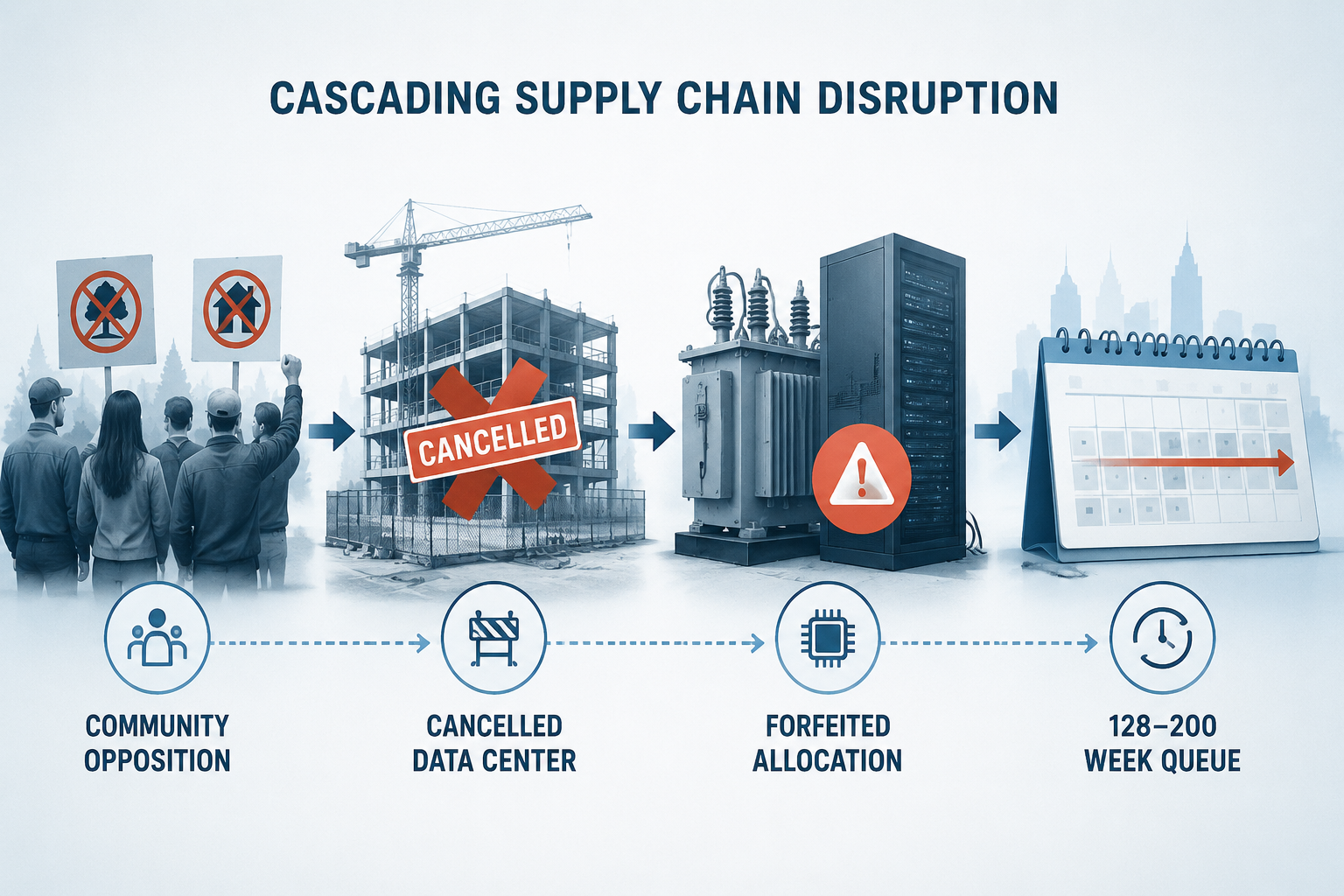 Cascading supply chain disruption diagram from community opposition to cancelled site and equipment queue delays