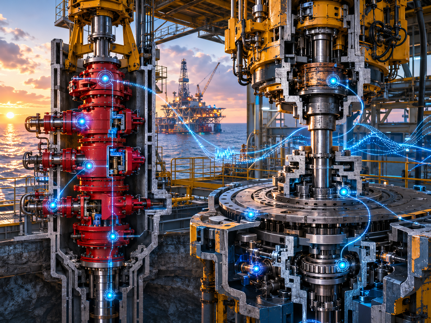 Cutaway offshore drilling equipment with sensor nodes and condition monitoring data lines