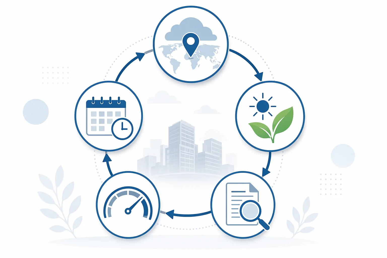 Five connected procurement checkpoints for cloud region, renewable energy, contract terms, latency, and redundancy review
