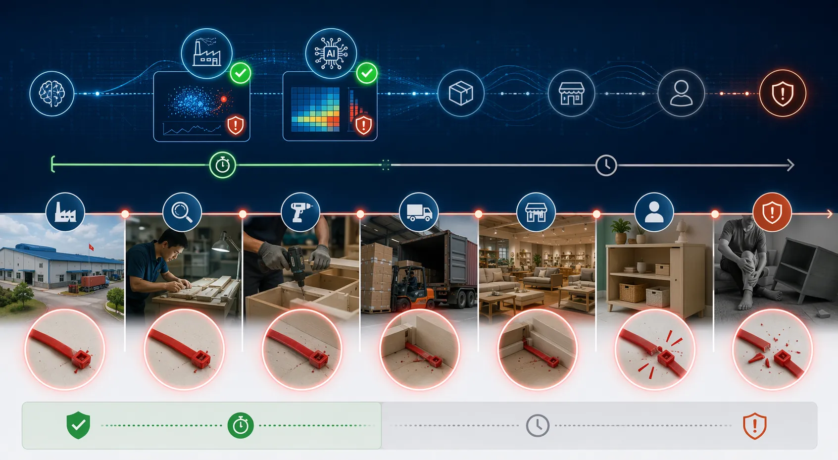 Timeline of a defect signal moving from supplier through inspection, assembly, distribution, retail, and consumer stages