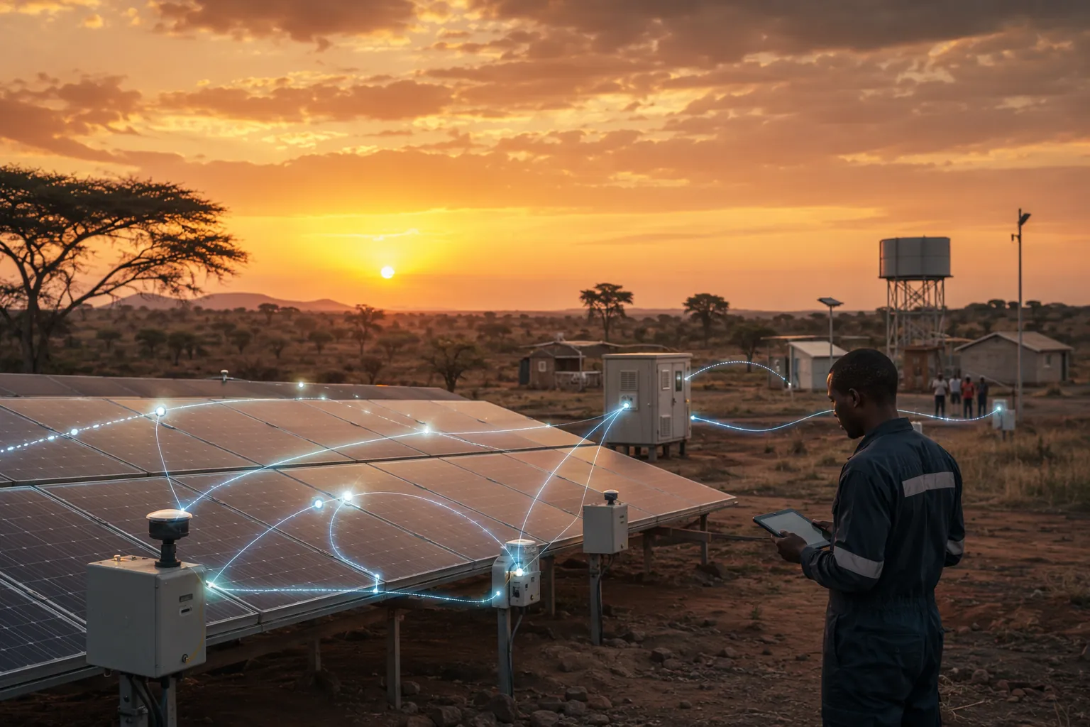 Solar panels with IoT sensors and edge computing data lines in an African savanna
