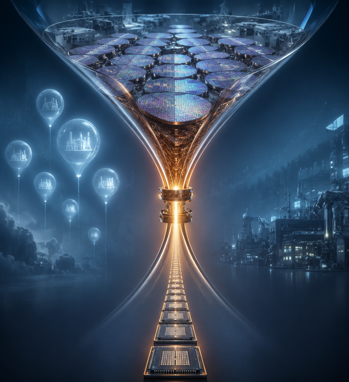 Silicon wafers funneling through a narrow CoWoS advanced packaging chokepoint before exiting as finished AI chips