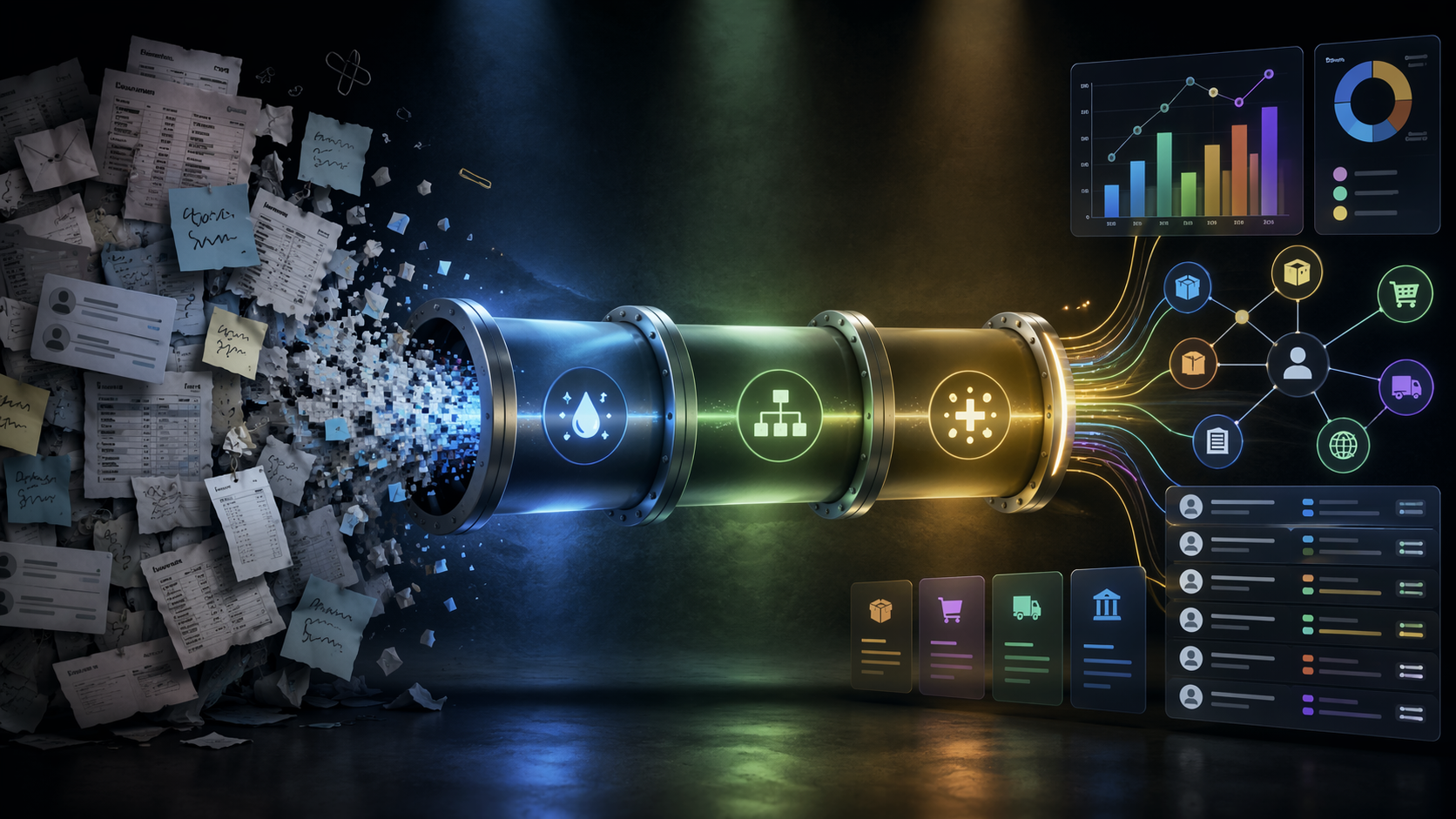 Messy procurement data flowing through a central pipeline and emerging as organized AI-powered spend analysis data