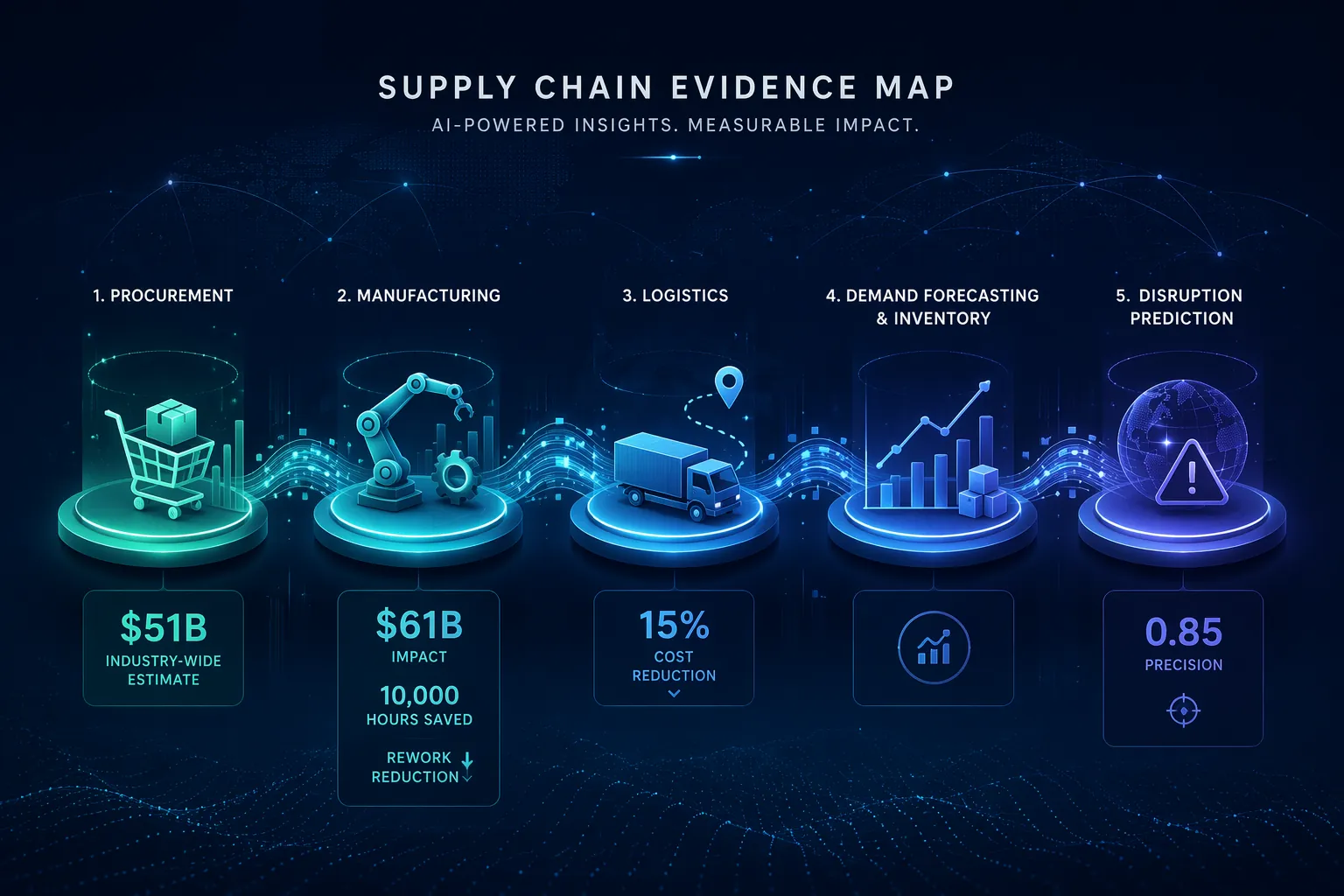 Evidence map of AI supply chain optimization across procurement, manufacturing, logistics, demand forecasting and disruption prediction