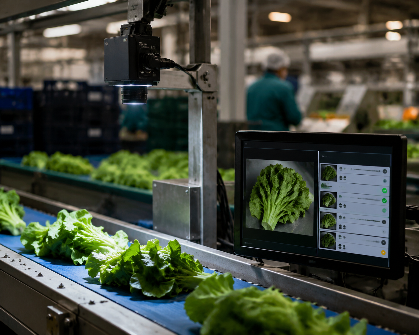 Computer vision camera scanning leafy greens with detected lot code, variety, size, and quality grade fields on a monitor