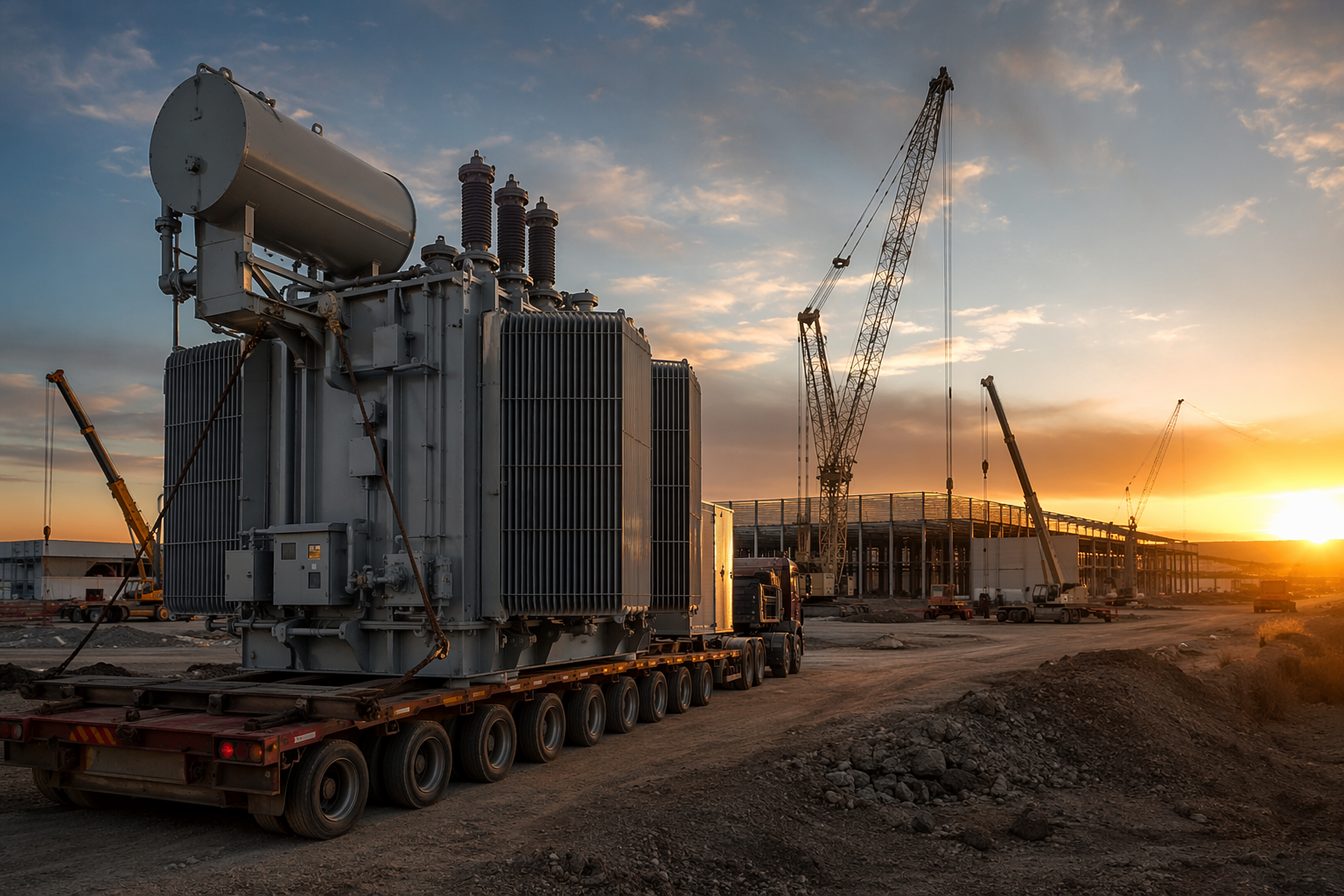 Australian AI data centre construction site with a large power transformer on a flatbed truck in the foreground