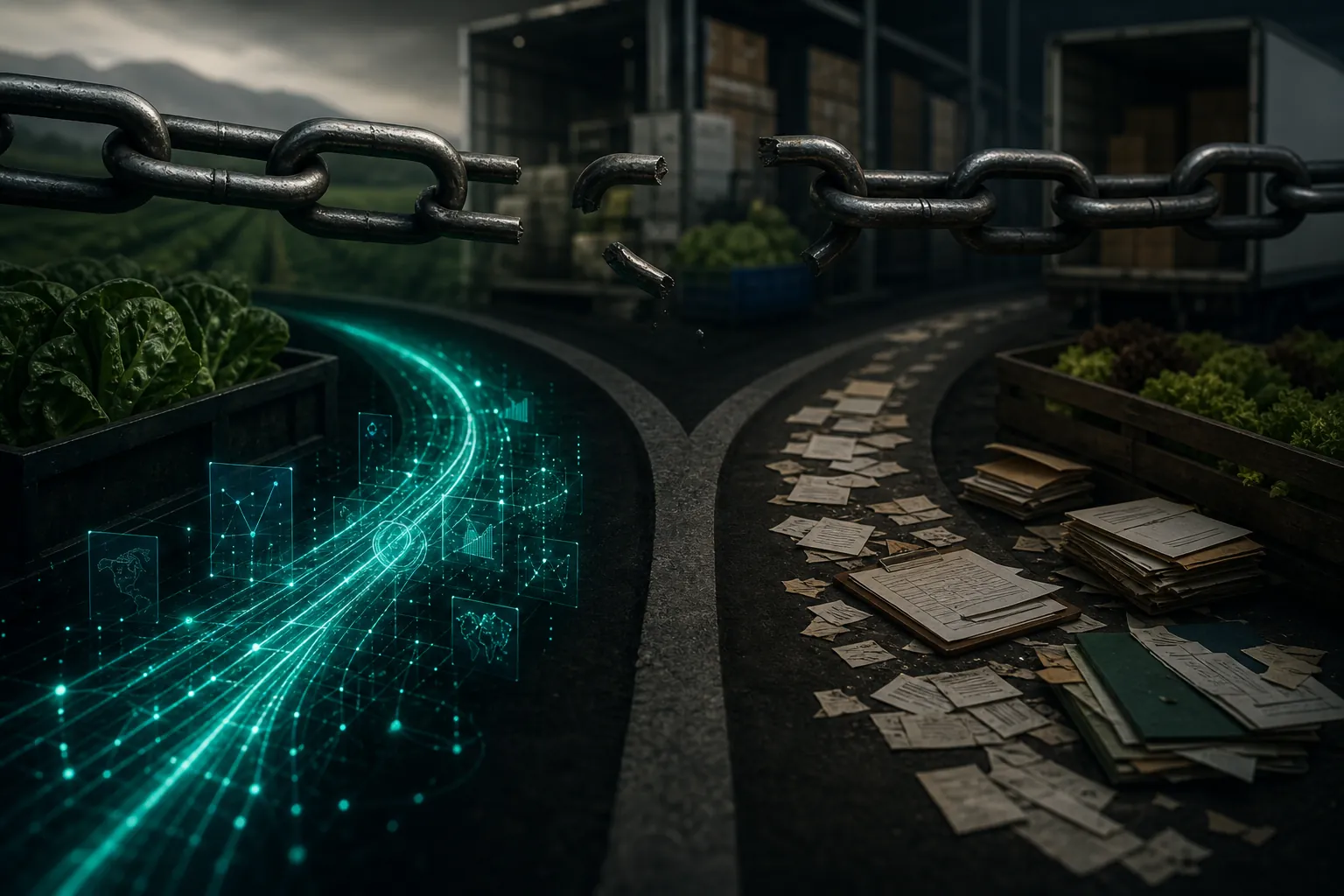 Broken produce supply chain links split between digital data streams and scattered paper records