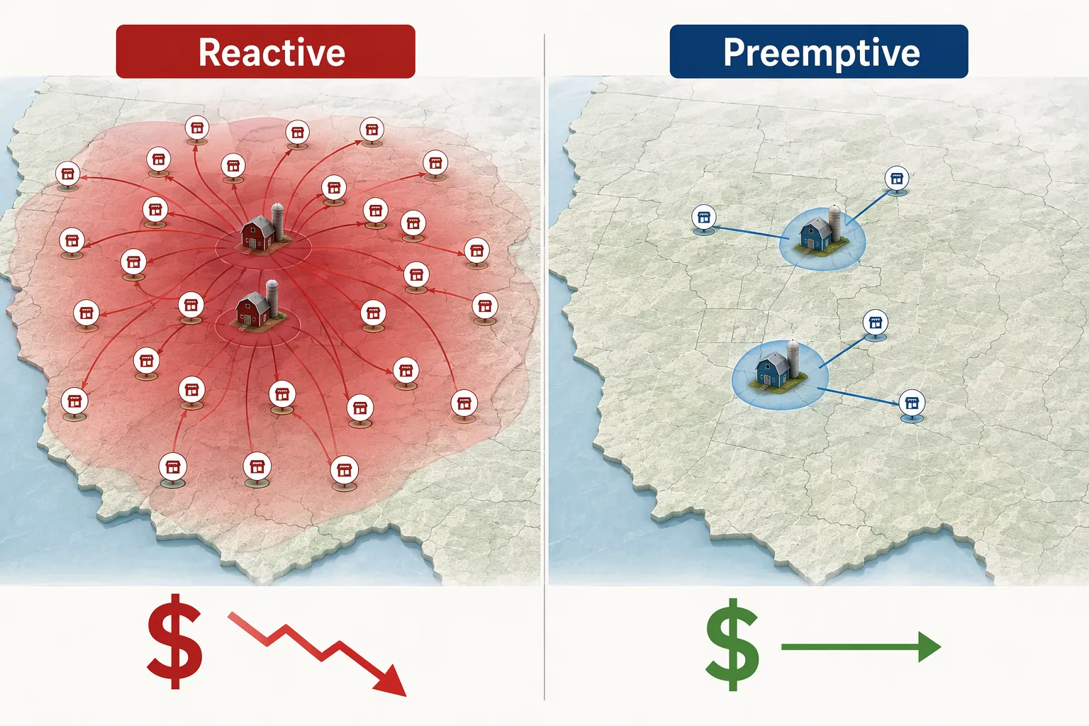 Side-by-side comparison of reactive recall spread versus preemptive containment at two farm locations