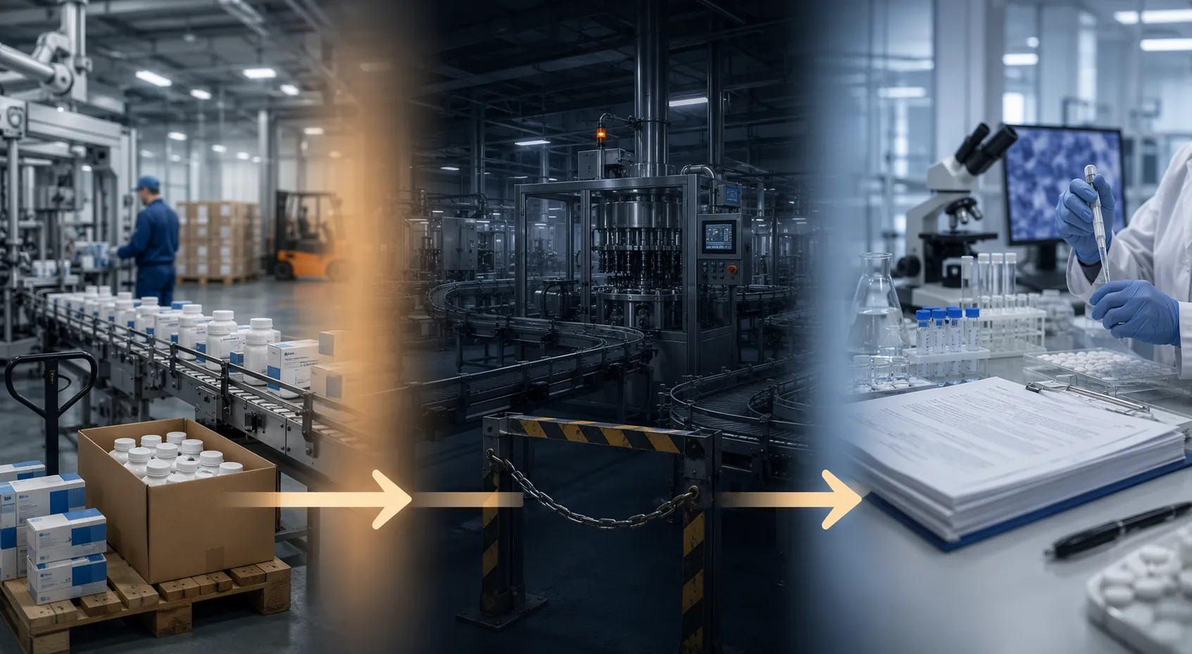 Factory logistics, paused machinery, and quality lab scenes connected by an operational flow