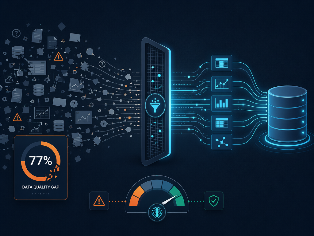 Split-screen data readiness illustration. Left side shows scattered gray data fragments with a warning indicator; right side shows clean organized glowing data streams flowing into a structured database. A central filter bridge separates the two sides. A readiness gauge icon sits below. Navy and teal color scheme.