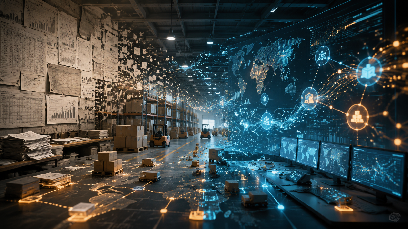 Warehouse planning environment transforming from paper charts and pallets into digital analytics dashboards