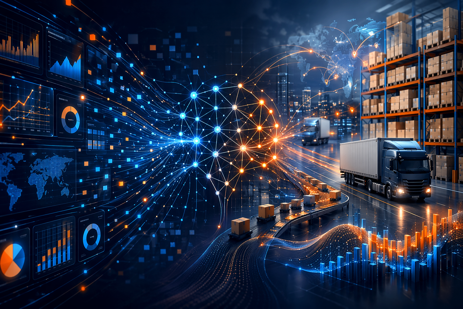 Conceptual visualization of machine learning nodes connected to warehouse shelves, delivery trucks, and inventory data streams