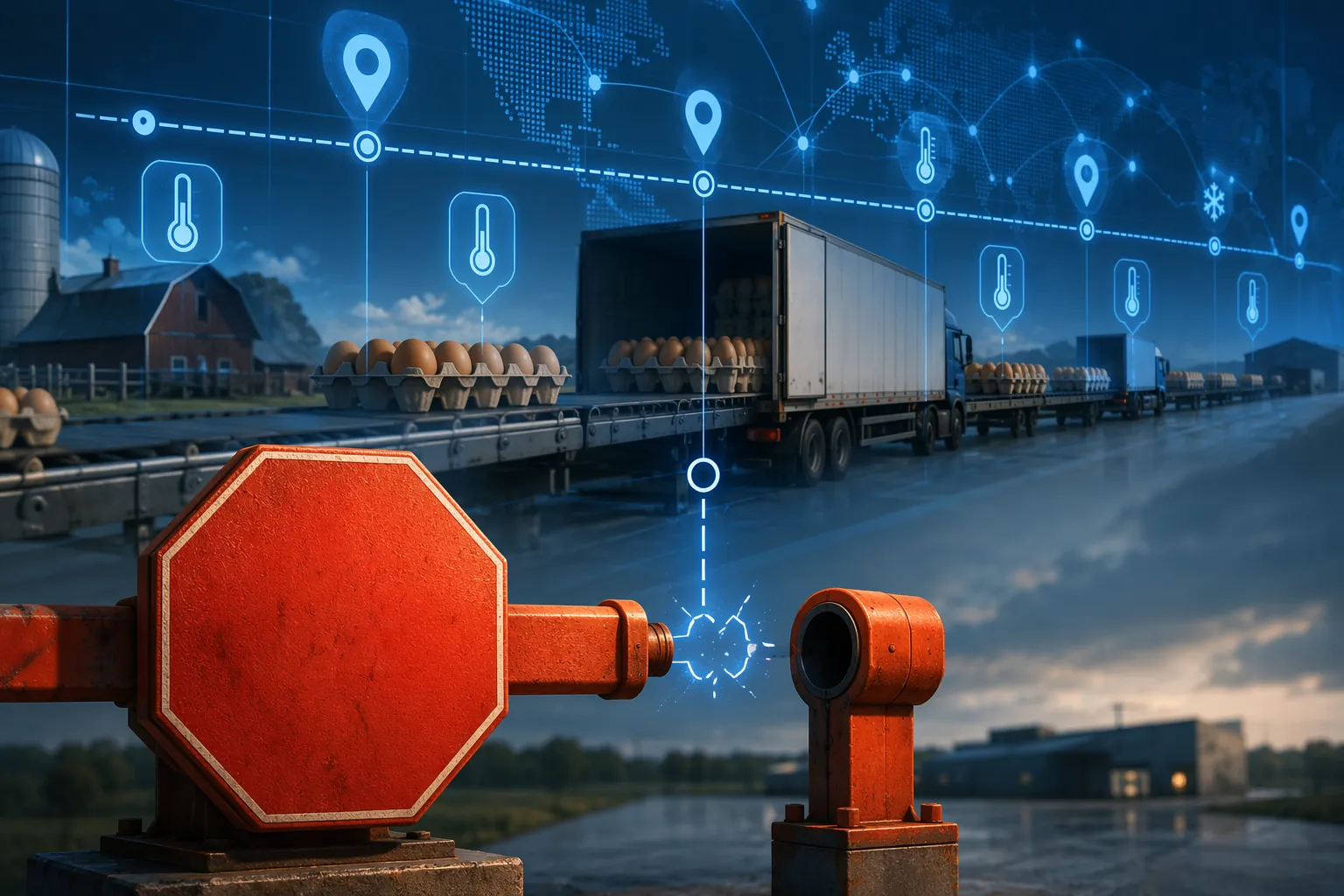 Egg cartons moving through a monitored supply chain while a disconnected stop symbol shows the gap between visibility and recall action