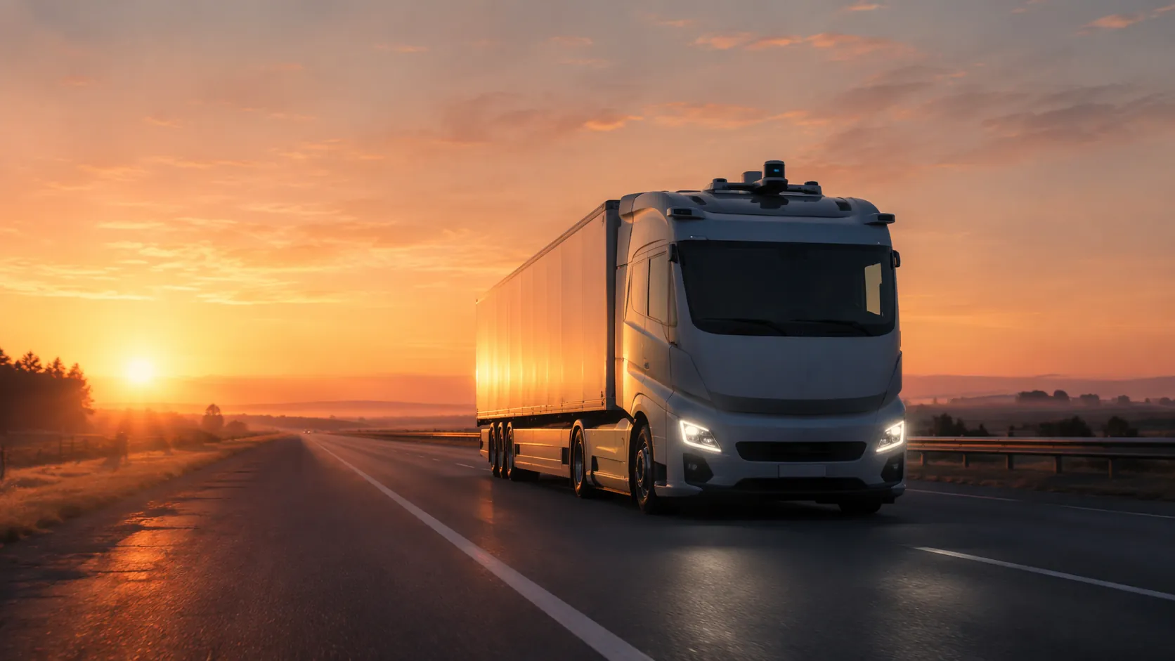 Autonomous truck driving on a highway at dusk with low-angle sunlight, haze, and headlights on