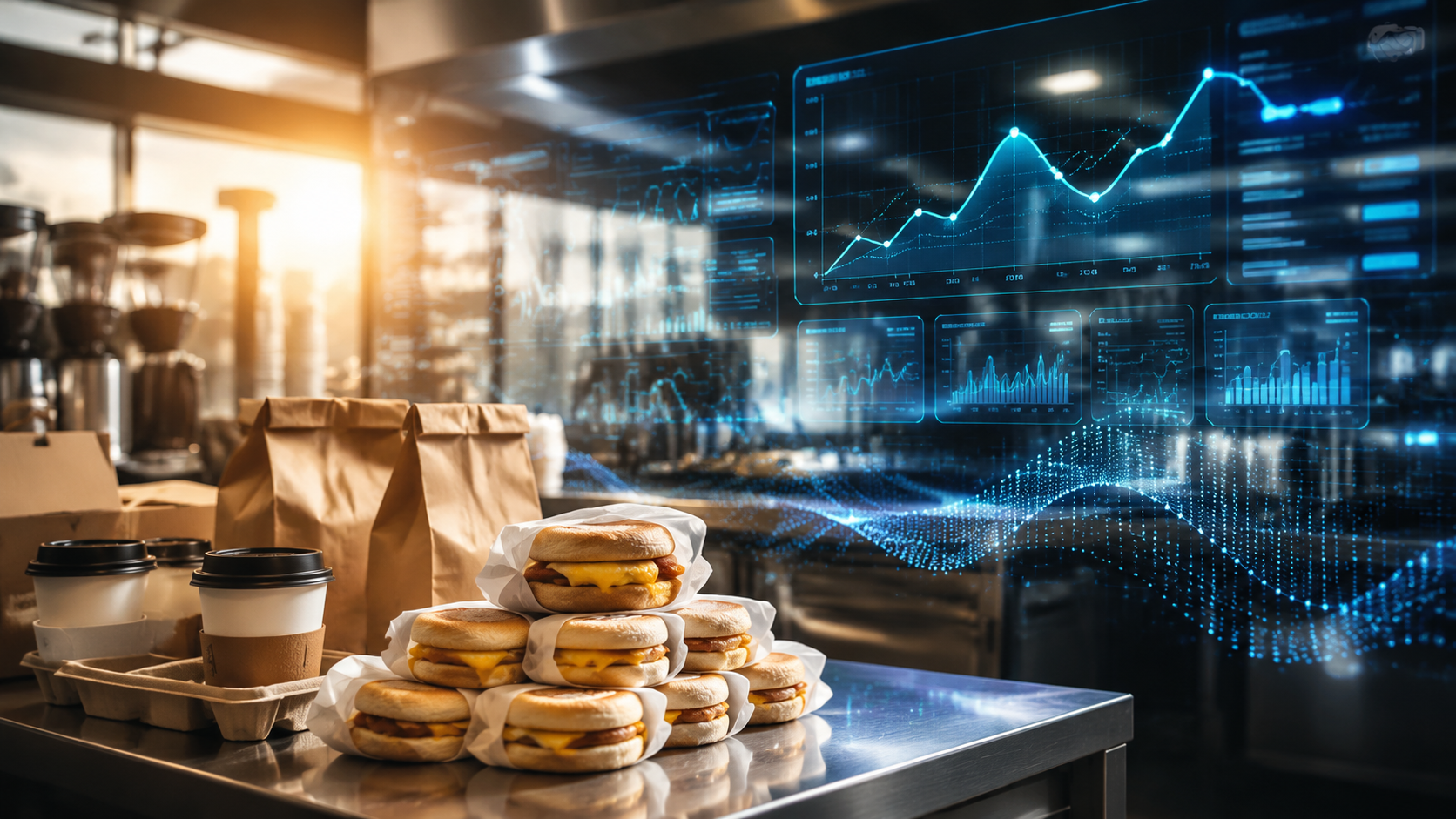 QSR breakfast counter with wrapped sandwiches, coffee cups, and AI forecasting panels