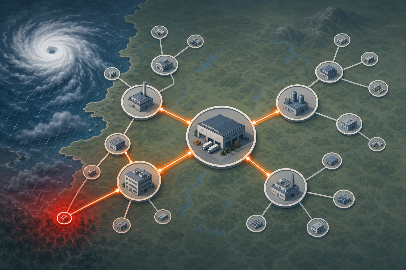 Multi-tier supplier network showing hurricane risk propagating through tiers