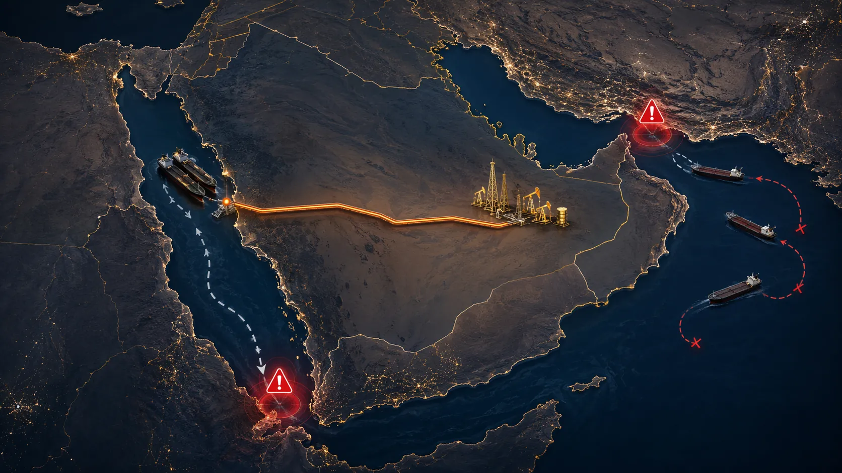 Map-style view of Hormuz, Bab el-Mandeb, and the Saudi east-west pipeline to Yanbu with disruption warnings and tanker routes