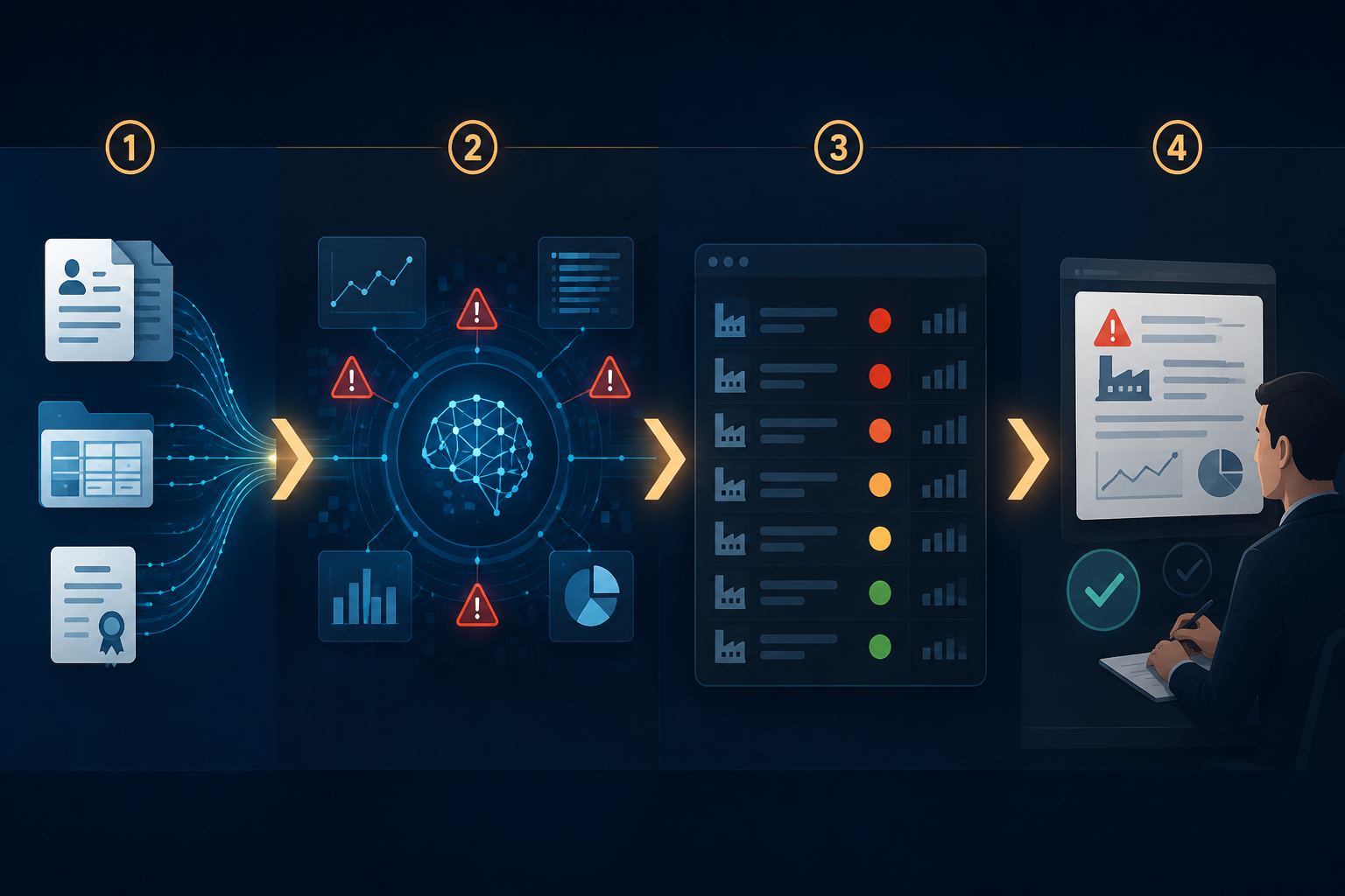 Workflow diagram showing data ingestion, AI anomaly detection, supplier risk scoring, and human review