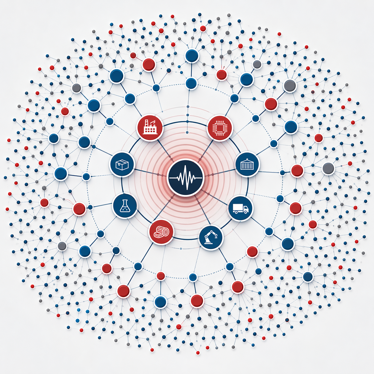 Earthquake-centered supplier network showing dense hidden tier-3 dependencies beyond visible tier-1 suppliers