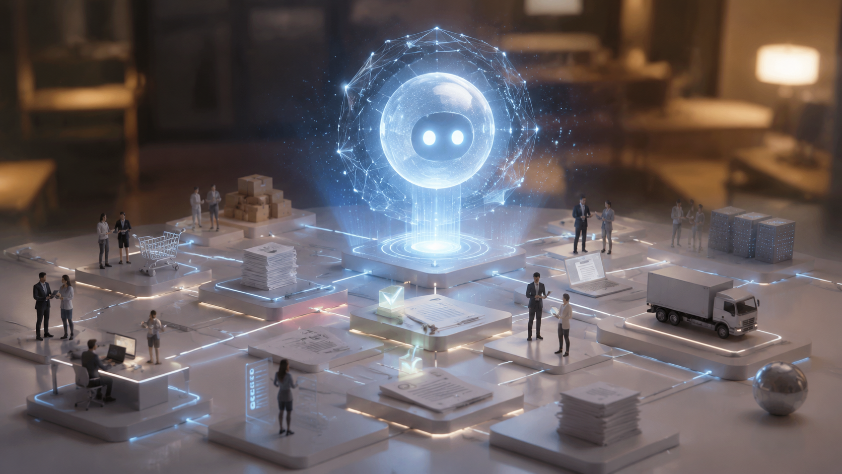 A geometric AI assistant interface connected to procurement systems, contract documents, approval chains, and supplier data paths