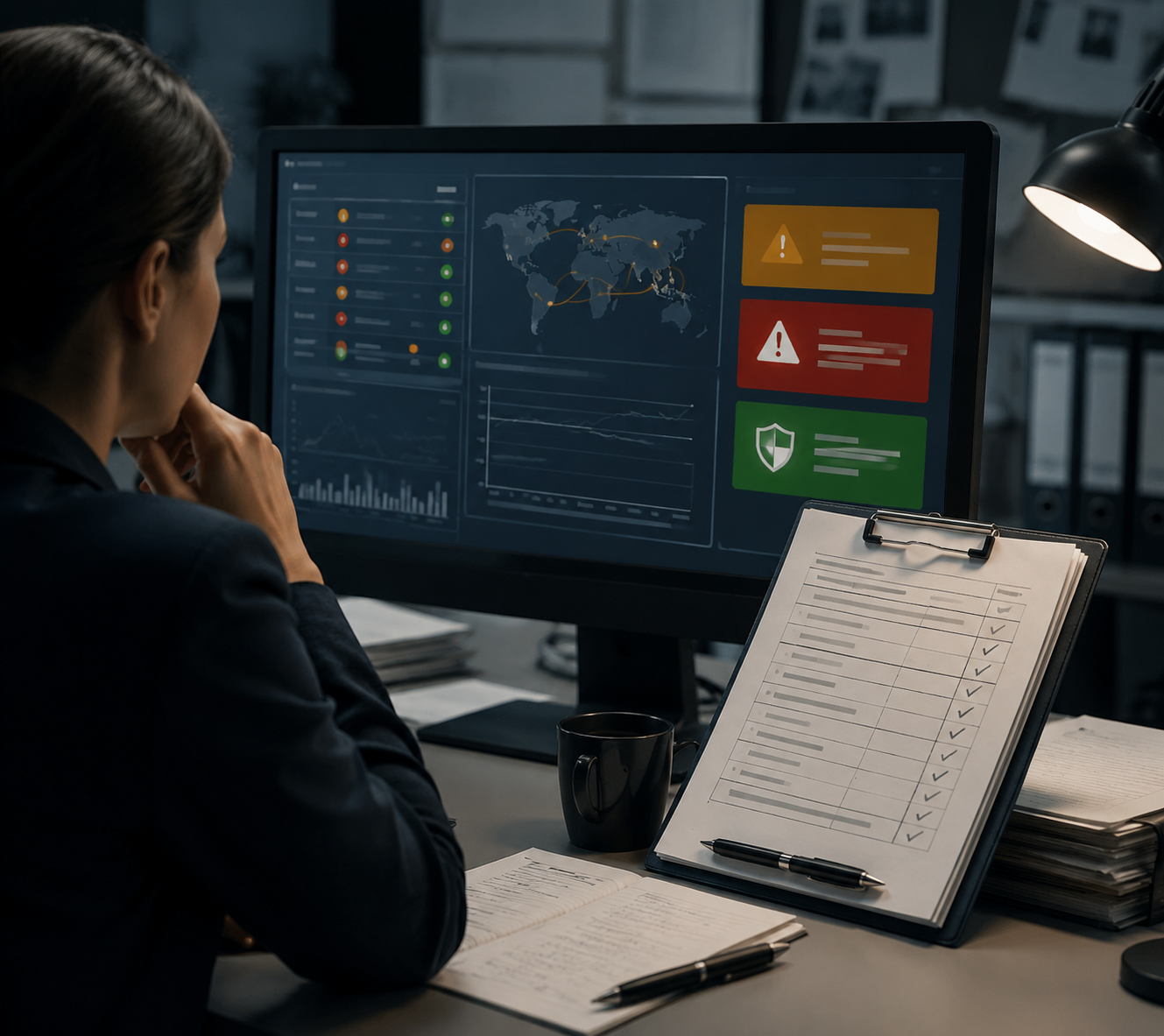 Analyst reviewing AI-generated supplier risk indicators with contract documents nearby