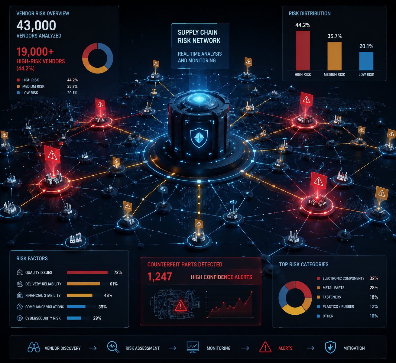 Supplier risk network with defense logistics hub, vendor nodes, and counterfeit parts alerts