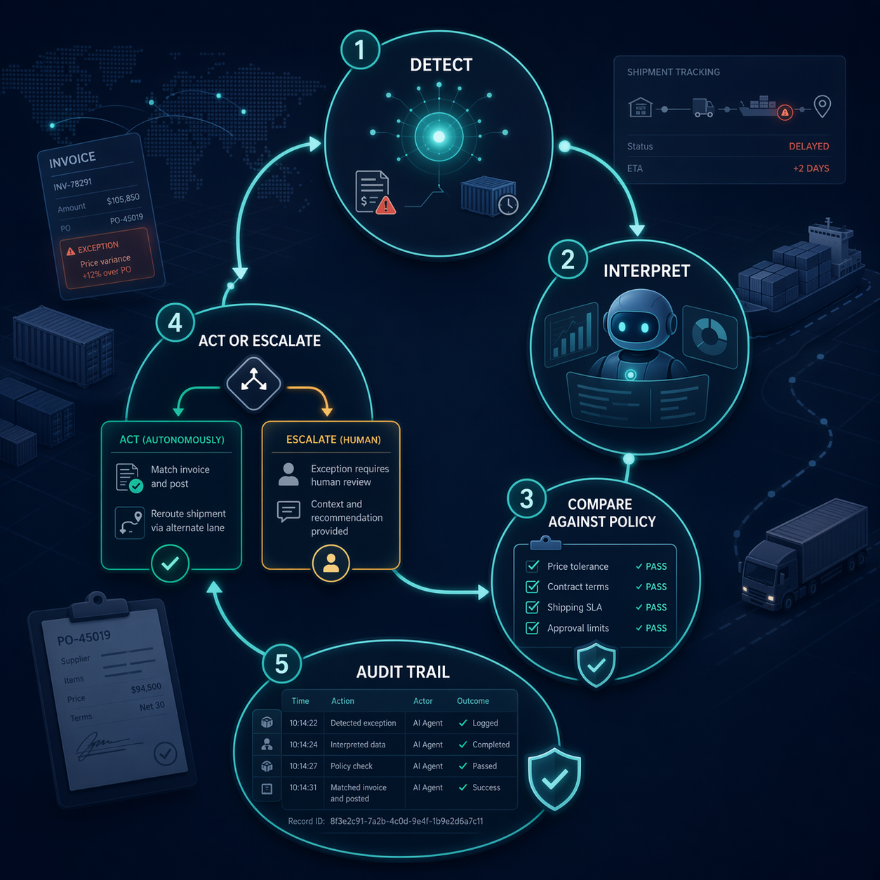 Five-stage AI agent transaction workflow from detection through audit trail