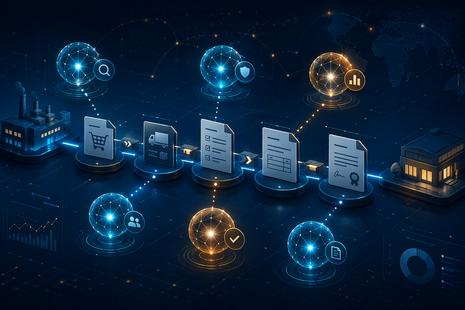 Glowing AI agent nodes connected across procurement documents, invoices, contracts, and supplier network points